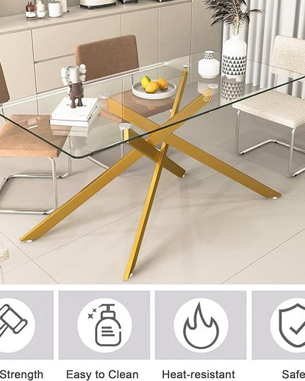 7 Piece Glass Dining Table Set, Glass Kitchen Dining Room Table Set for 6, 61" Modern Rectangular Gold Glass Metal Dining Table with 6 Black PU Leather Dining Chairs for Kitchen Dining Room