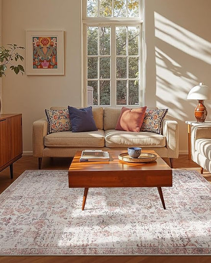 jinchan Kalen Area Rug 6x9 Washable Living Room Rug Vintage Indoor Large Floor Cover Retro Accent Mat Distressed Floral Country Boho Non Slip Thin Carpet for Bedroom Dining Room Office Red Multi
