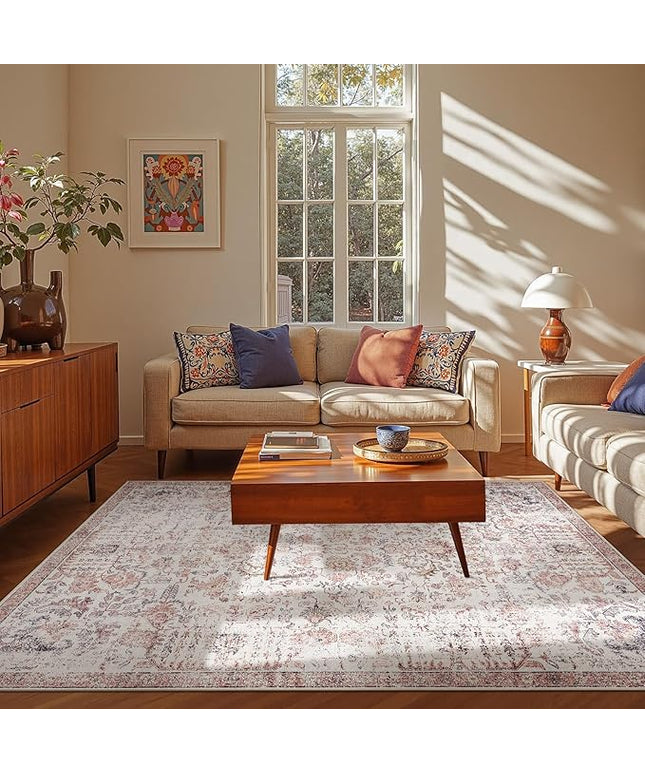 jinchan Kalen Area Rug 6x9 Washable Living Room Rug Vintage Indoor Large Floor Cover Retro Accent Mat Distressed Floral Country Boho Non Slip Thin Carpet for Bedroom Dining Room Office Red Multi