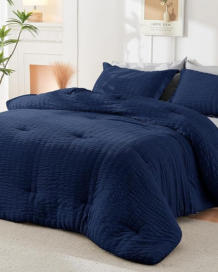 HYMOKEGE Navy Blue/Light Grey Full Size Comforter Sets Seersucker 7 Pieces, All Season Luxury Bed in a Bag for Bedroom, Bedding Set with Comforter, Sheets, Pillowcases & Shams