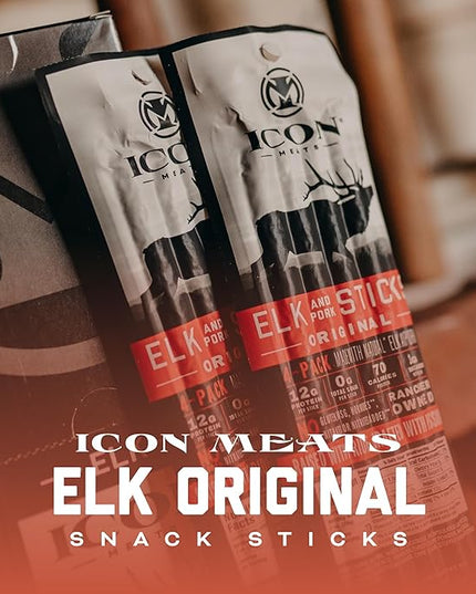 ICON Meats Elk and Pork Snack Sticks, Original, 6 Pack of High Protein Snacks, 4 Meat Sticks per Pack, Low Sugar, Gluten Free, Natural, USDA Inspected, Made in the USA, Gifts or Stocking Stuffers
