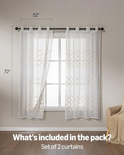 Amazon Basics 2-Piece Embroidery Sheer Curtain Set, Light Filtering Hollow Drapes for Living Room and Bedroom, 52" W × 72" L, White Scale