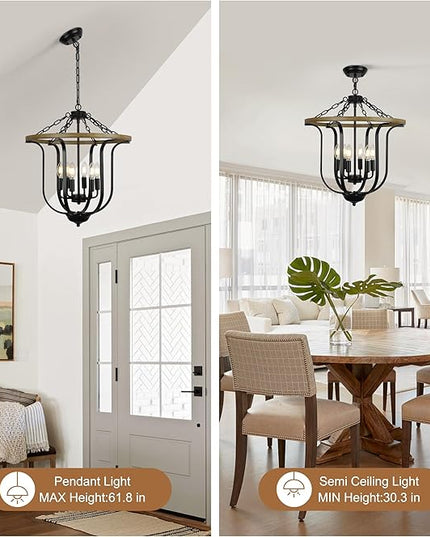 Black Farmhouse Chandelier Light Fixture, 6-Light Rustic Lantern Pendant Light,Vintage Cage Chandelier for Entryway Foyer Dining Room Kitchen Island Hallway.