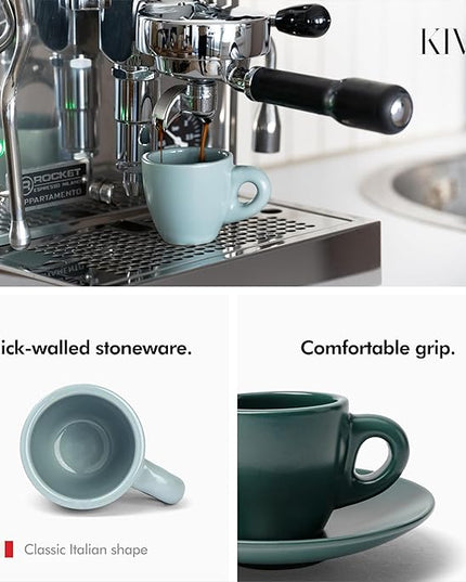 KIVY Espresso Cups Set of 4 [Set 4x 3oz]- Espresso Set Thick Walled Stoneware Espresso Cup Set - Italian Style Espresso Cups and Saucers - Coffee Mugs - Pastell Green, Blue