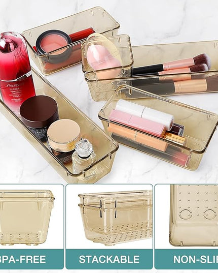 23 PCS Drawer Organizer Set, 5 Varied Size Bathroom and kitchen Drawer cabinet organizer Trays, Clear Storage Bins for Makeup, Jewelry, Utensils and Gadgets, Champagne