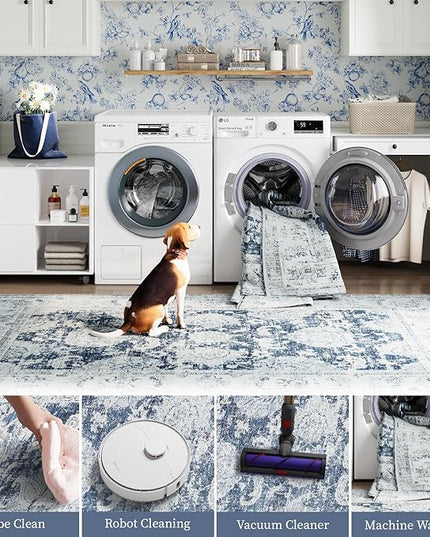 jinchan Fiora Washable Area Rug 8x10 for Living Room Soft Faux Wool Ultra-Thin Stain Resistant Non-Slip Distressed Vintage Floral Large Carpet for Bedroom, Home Office, Nursery(Dark Blue, 8'x10')