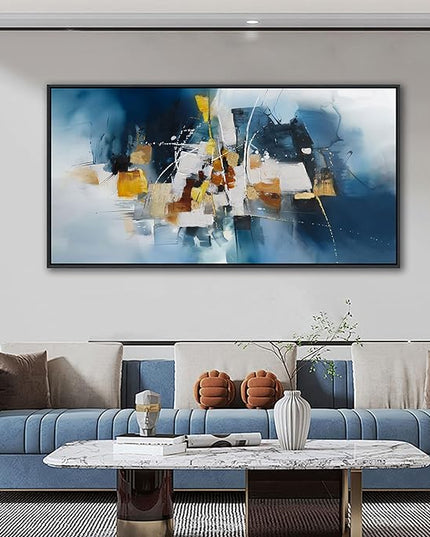 Abstract Canvas Wall Art Navy Blue Wall Art for Living Room Framed Modern Artwork for Walls, Above Bed Wall Decor Navy and Gold for Bedroom and Living Room Office Pictures Wall Decor 20×40IN