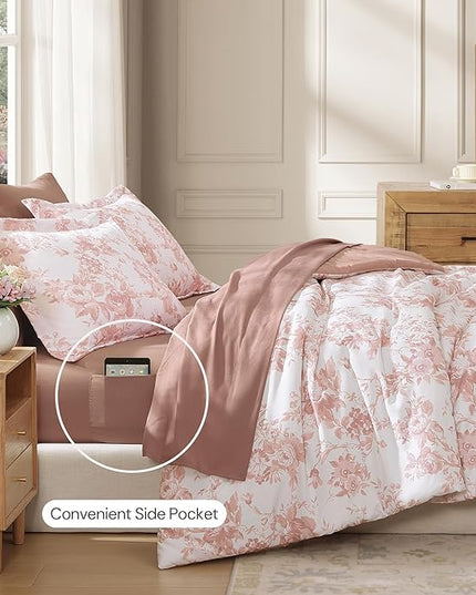 King Comforter Set -7 Pieces Pink Floral Comforter Set for All Seasons, Bed in a Bag King with Botanical Flowers Comforter, Sheets, Pillowcases & Shams
