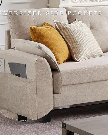 Convertible Sectional Sofa, Modern L Shaped Couch,Linen Fabric 4-Seat Sofa Set with Storage Ottoman and Coffee Table for Living Room,Beige