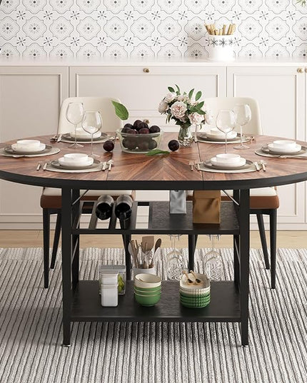 VFK 47.2"-63" Extendable Round Dining Table Set for 4–6, Solid Wood & Metal Table with Wine Rack Storage Shelf, Walnut Kitchen & Dining Room Furniture (1 Storage Table)