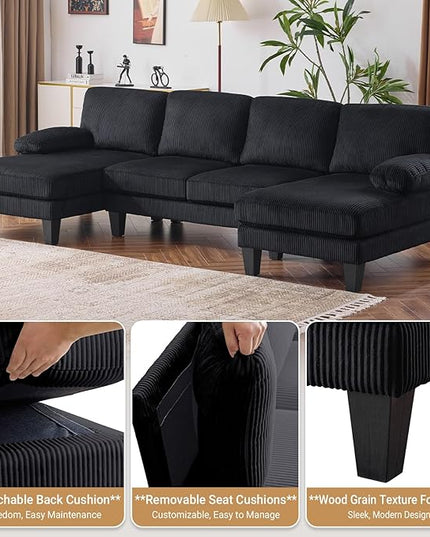 VINGLI 110" Sectional Couches for Living Room,U Shaped Couch with Double Chaise, 4-Seat Sofa Set with Corduroy Fabric for Home Furniture,Black