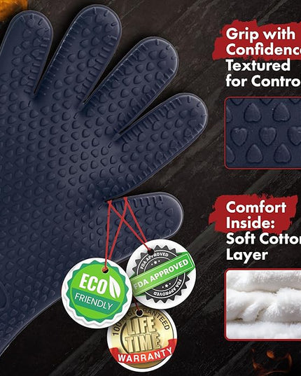 KITCHEN PERFECTION Silicone Smoker Oven Gloves - Extreme Heat Resistant BBQ Gloves - Handle Hot Food Right on Your Smoker Grill Fryer Pit | Waterproof Oven Mitts | Superior Value Set + 3 Bonuses