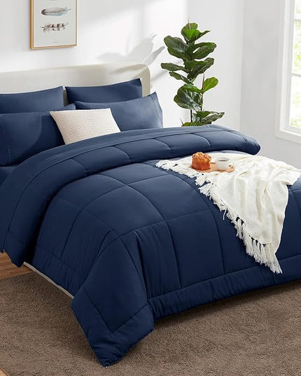 CozyLux Full Size Comforter Sets Navy Blue, 7 Pieces Bed in a Bag, Navy Comforter Full Size, All Season Bedding Sets with Stitch Quilted Comforter, Flat Sheet, Fitted Sheet, Pillowcases