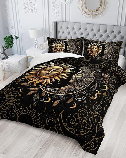 AILONEN Sun and Moon Comforter Set for Boys Girls, Queen Black and Gold Mandala Boho Exotic Style Bedding Set, 3 Pieces Sky Could Star Print Bed in a Bag,1 Comforter with 2 Pillowcases
