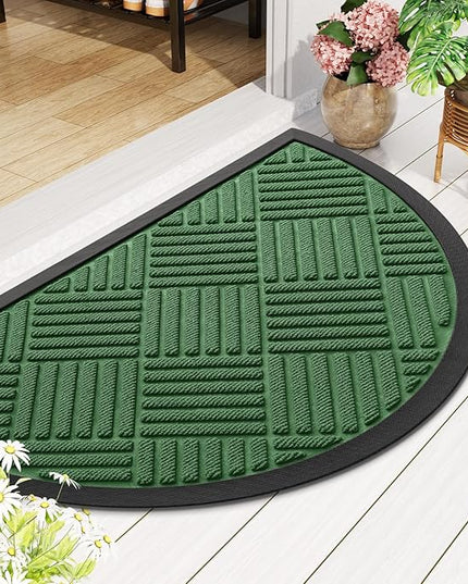 Smiry Half Circle Front Door Mat Outside Entrance, Heavy Duty Outdoor Indoor Natural Rubber Doormat, Non Slip, Trap Dirt and Moisture, Easy Clean, Low Profile Patio Porch Entryway Mat, 29.5x17, Green