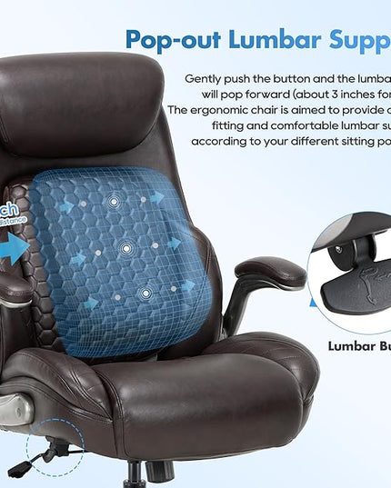 COLAMY Office Ergonomic Desk High Back Executive Chair with Pop-Out Lumbar Support, Upgraded Casters, Adjustable Headrest, Flip-Up Arms, Leather Home with Thick Cushion for Comfort - Brown