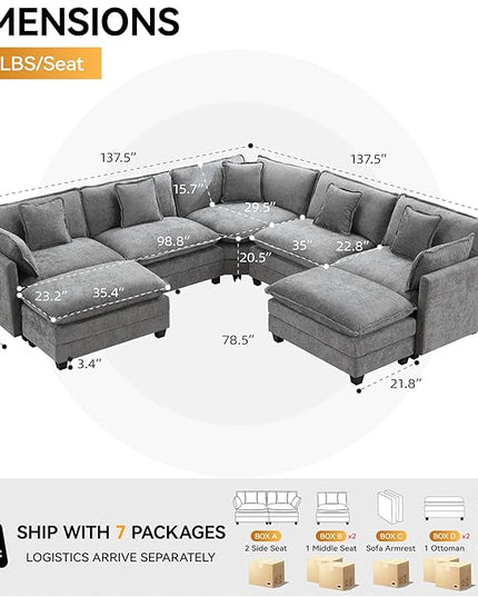 137'' V Shaped Cloud Sectional Sofa, Oversized Deep Seat Couches for Living Room, Chenille Comfy Upholstered Modular Sectional Sofa Couch with 2 Movable Ottoman, Grey