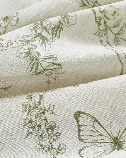 Lazzzy Green Floral Linen Farmhouse Curtains 84 Inch Length Drapes for Living Room Bedroom Pattern Light Filtering Country Vintage Curtain Grommet Top, 2 Panels, Green on Beige