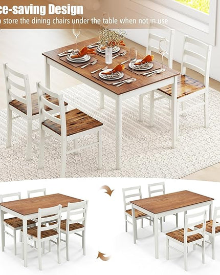 Tangkula Dining Table Set for 4, Solid Wood, Farmhouse Dinette Set w/Rubber Wood Legs, Mid-Century Modern, Compact Dining Table and Chairs Set for Kitchen, Dining Room (Brown+White)
