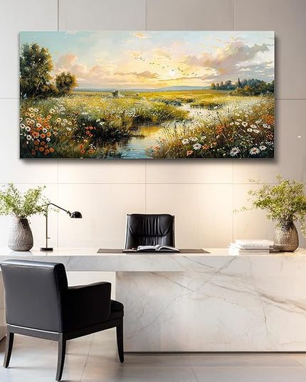 XIGUANGART Large Wall Art for Living Room Canvas Prints Nature River Meadow Wildflower Wall Decor Sunset Pastoral Landscape Pictures Abstract Modern Artwork for Bedroom Kitchen Office Home Decorations