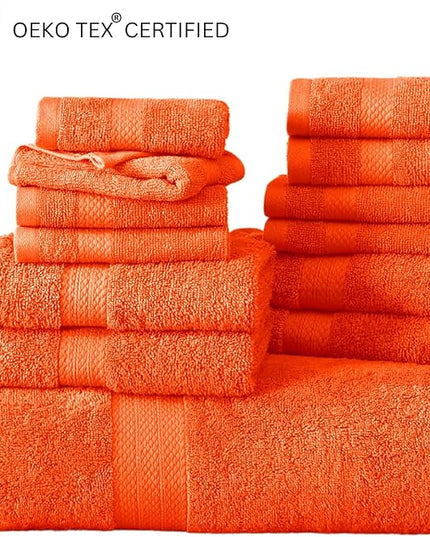 Lane Linen 100% Mercerized Cotton Bathroom Towel Set - 16 Pieces - Fluffy, Super Soft & Highly Absorbent - 4 Bath Towels, 8 Washcloths, 4 Hand Towels - RingSpun, Double Sided Cotton Terry - Tiger Lily