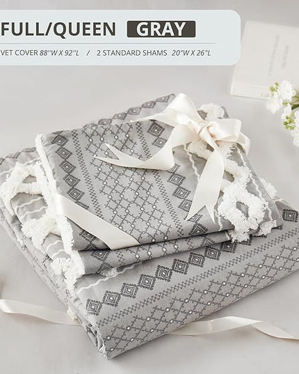 INK+IVY Imani 100% Cotton Duvet Mid Century Modern Design, All Season Comforter Cover Bedding Set, Matching Shams, Full/Queen, Gray Chenille Tufted Accent 3 Piece