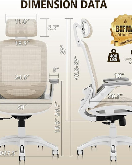 GABRYLLY Ergonomic Office Chair, High Back Home Desk Chair with Headrest, Flip-Up Arms, 90-120° Tilt Lock and Wide Cushion, 400LBS Mesh Chairs for Man Woman, White Task Chair(Beige,GY01WBG)