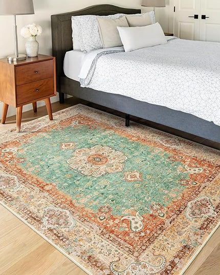 Boho Rug 3x5,Washable Area Rugs for Bedroom Living Room Kitchen Entryway,Small Boho Vintage Bohemian Distressed Farmhouse Non Slip Carpet,Retro Orange Green Floral