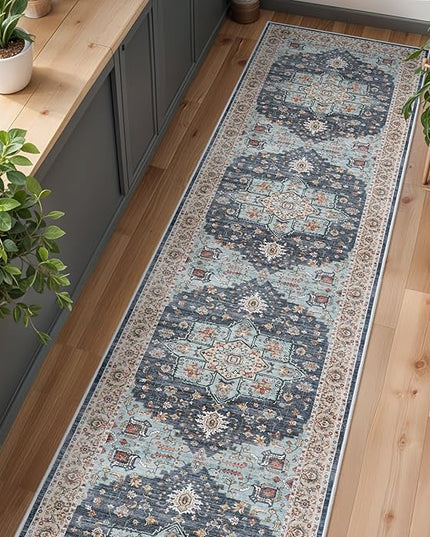 Washable Oriental Hallway Runner Rug - 3x20 Rugs for Living Room Soft Carpet for Bedroom Kitchen Waterproof Floral Distressed Indoor Stain Resistant Non-Shedding Floor Carpets (Blue/Teal/Orange, 3X20)