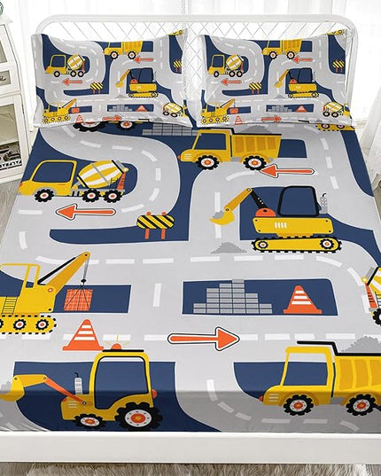 AILONEN Excavators Fitted Sheet Full Size, Cartoon Construction Vehicles Car Truck Bedding Set for Boys Kids Teens,Equipment Trucks Bed Sheet Set,3 Pieces,(1 Fitted Sheet + 2 Pillow Cases)