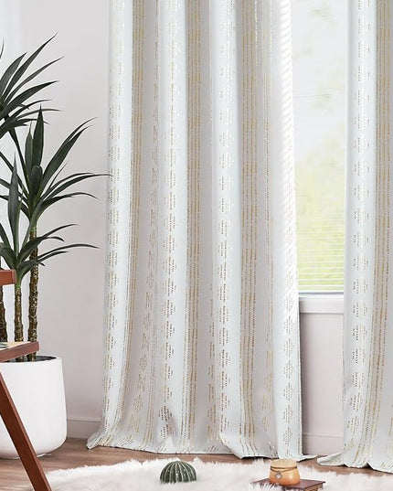 jinchan 95% Blackout Boho Curtains 90 Inches Long for Christmas Bedroom Living Room Decor Festive Xmas Golden Geometric Foil Printed Curtain Grommet Top Room Darkening Drapes Off White 2 Panels