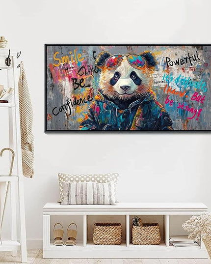 JEAWA Large Framed Canvas Wall Art, Black and White Panda Graffiti Street Art Pop Abstract Modern Paintings for Living Room Bedroom Study Office Inspirational Picture Home Decor 24x48 IN
