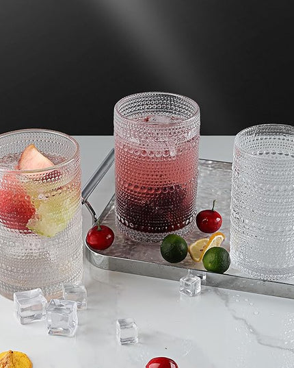 Hobnail Drinking Glasses Set of 4, 16 Oz Vintage Embossed Glass Cup Water Glasses Kitchen Glassware for Cocktails, Beer, Juice, Whiskey