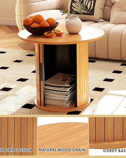 COSVALVE Round Wood Coffee Table 23.6IN with Hidden Storage & Sliding Door, Circle Farmhouse Side Table Sets for Living Room, Bedroom, Balcony, Small Spaces, Natural