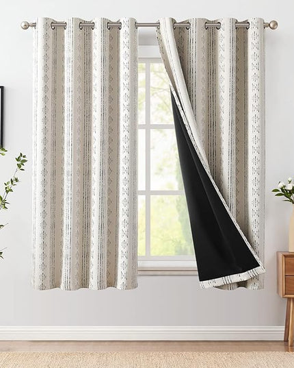 jinchan 95% Blackout Boho Curtains 54 Inch Length for Bedroom Black on Beige Geometric Printed Grommet Top Room Darkening Thermal Insulated Window Drapes 2 Panels