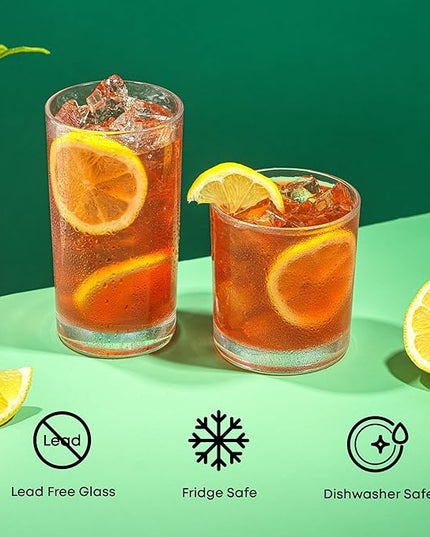 JoyJolt Alain Drinking Glasses Set of 8 Glass Tumblers. Highball 14oz Bar Glasses and Lowball 10oz Rocks Glasses Set. Cocktail, Juice, Whiskey Glasses or Water Glasses. Kitchen or Bar Glassware Set