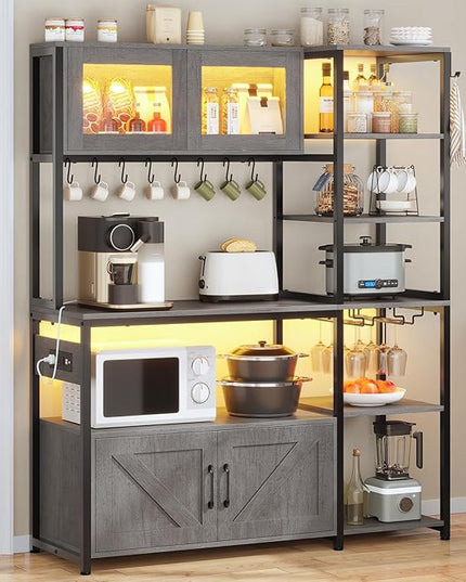 Itaar Bakers Rack with Power Outlet and LED Light, 45.3 Inch Farmhouse Coffee Bar Cabinet, Kitchen Microwave Stand with Storage, Glass Cabinet, Goblet Holder and 8 Hooks (Grey)