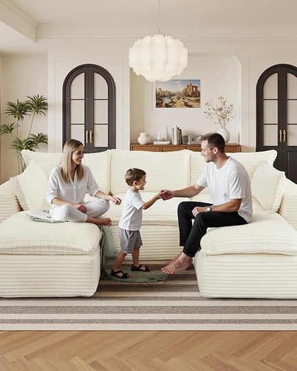 108" Sectional Couches for Living Room Boneless Couch Upholstered Cloud Couch Sectional Modular Sectional Sofa with L Shaped (Corduroy-White, 3 Seat+2 Ottoman)