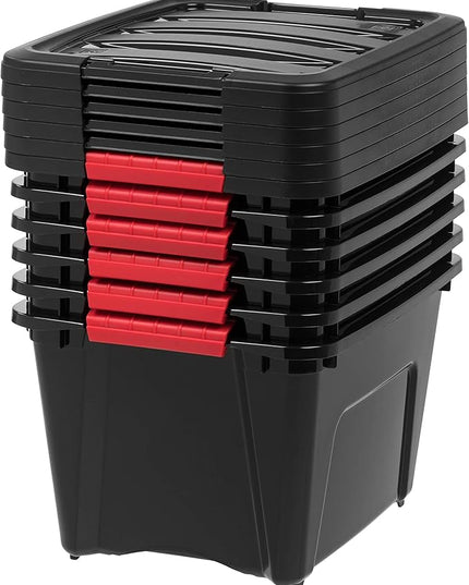 IRIS USA 19 QT Plastic Storage Box with Lid and Latches - 6 Pack - BPA-Free, Garage Organizing Solution, Durable Nestable Stackable Containers, Secure Pull Handle - Black