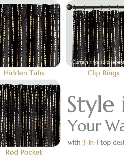 jinchan 95% Blackout Boho Curtains 63 Inch Long for Bedroom Moon Phases Printed Christmas Curtain Festive Holiday Golden on Black Drapes Rod Pocket Back Tab Xmas Curtains 2 Panels