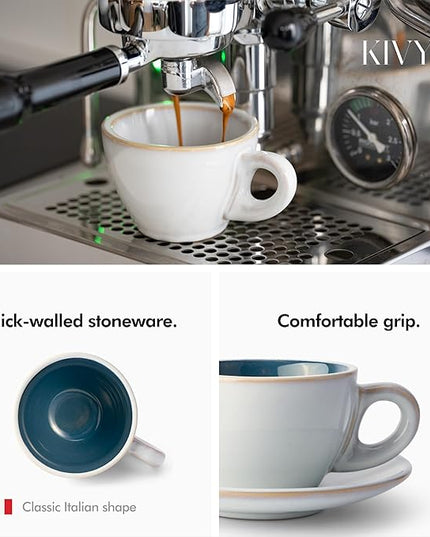 KIVY Cappuccino cups set of 4 [8oz] - Thick-walled stoneware cappuccino cup set for latte art - Latte mugs - Latte cups - Coffee mug - Latte art cup - Ceramic latte cup and saucer set of 4 - Blue