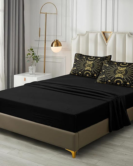 Bedbay Sun Moon Comforter Set 8 Pcs Black and Gold Trippy Galaxy Bedding Set Bed in a Bag Constellation Horoscope Bedding King Bed Set Cosmos Celestial Decor Quilted Duvet Insert(Gold,King)