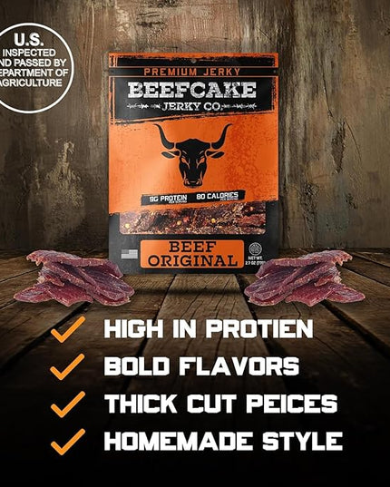 BEEFCAKE Jerky Spicy Pork Jerky Sweet Heat & Beef Hot & Spicy Meat Snacks, 9 Gram of Protein and 100 Calories 2.7 Oz | Pack of 4