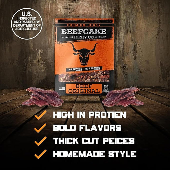 BEEFCAKE Jerky Pork Lover Variety Pack, Beef Jerky Signature Beef Peppered & Asian-Style Pork Teriyaki Mix, 9 Gram of Protein and 100 Calories 2.7 Oz | Pack of 4