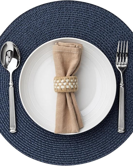 Round Placemats Set of 8 Plastic Woven Placemats Washable Wipeable Table Mats for Dining Table Heat Resistant Non-Slip Circle Place Mats (Navy Blue)
