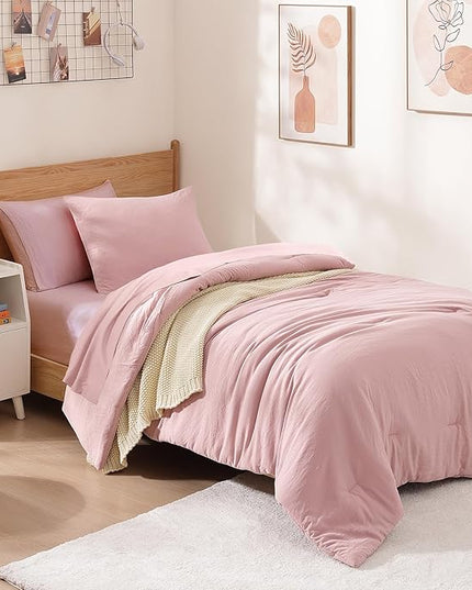 WRENSONGE Twin Comforter Set- 5 Pieces Soft Pink Twin Bed in a Bag, All Season Twin XL Bedding Sets with 1 Fitted Sheet, 1 Flat Sheet, 1 Pillow Sham and 1 Pillowcase