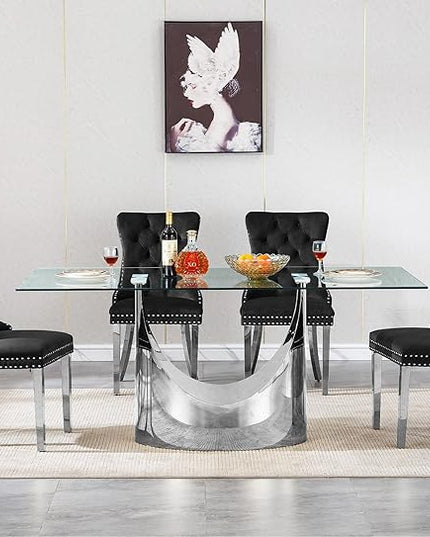 5 Piece Dining Table Set, Modern Glass Dining Table Set for 4 with Velvet Chairs, 70" Luxury Dining Table Chairs Set of 4, Kitchen Dining Room Sets for Dinner Dinette Breakfast Banquet, Black+Silver