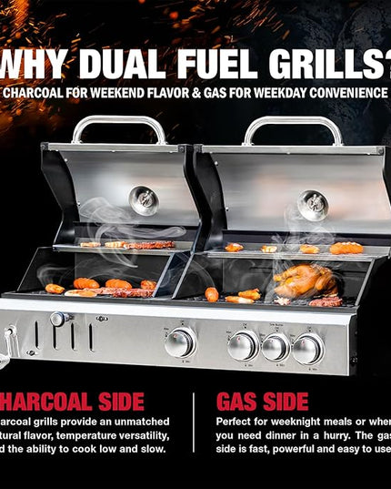 3 Burner Propane Gas and Charcoal Grill Combo with Side Burner & Porcelain-Enameled Cast Iron Grates, 37,000 BTUs 685 SQIN Dual Fuel Outdoor BBQ Grill for Patio Garden Picnic Backyard Barbecue Cooking