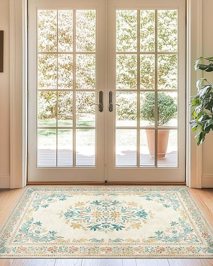 jinchan Vintage Floral 3x5 Area Rugs for Entryway - Machine Washable Distressed Design Ultra-Thin Low-Pile Soft Non-Shedding Carpet for Kitchen Bedroom Laundry Living Room (3x5ft, Apricot Multi)