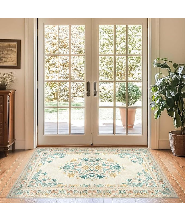 jinchan Vintage Floral 3x5 Area Rugs for Entryway - Machine Washable Distressed Design Ultra-Thin Low-Pile Soft Non-Shedding Carpet for Kitchen Bedroom Laundry Living Room (3x5ft, Apricot Multi)